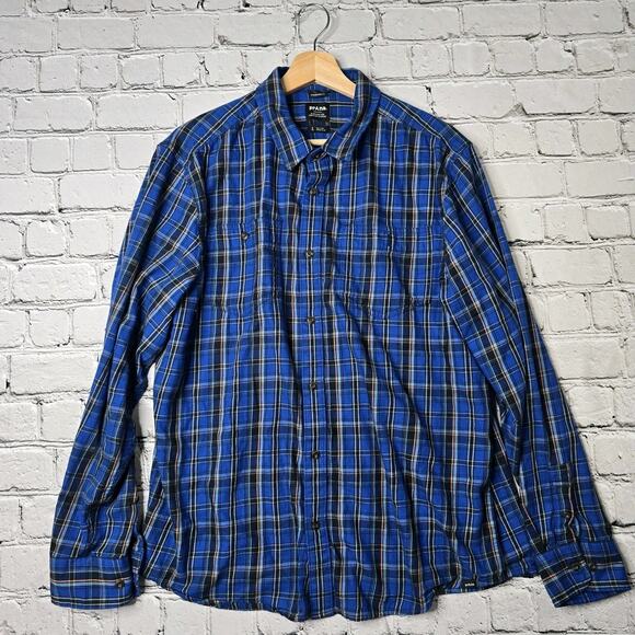 Prana Blue Plaid Button Down Collared Shirt 100% Organic Cotton Size Large - Picture 1 of 11